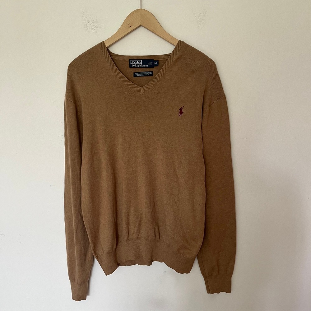 Polo Ralph Lauren Mens Large Camel Tan Pima Cotton V-Neck Sweater Brown Pony